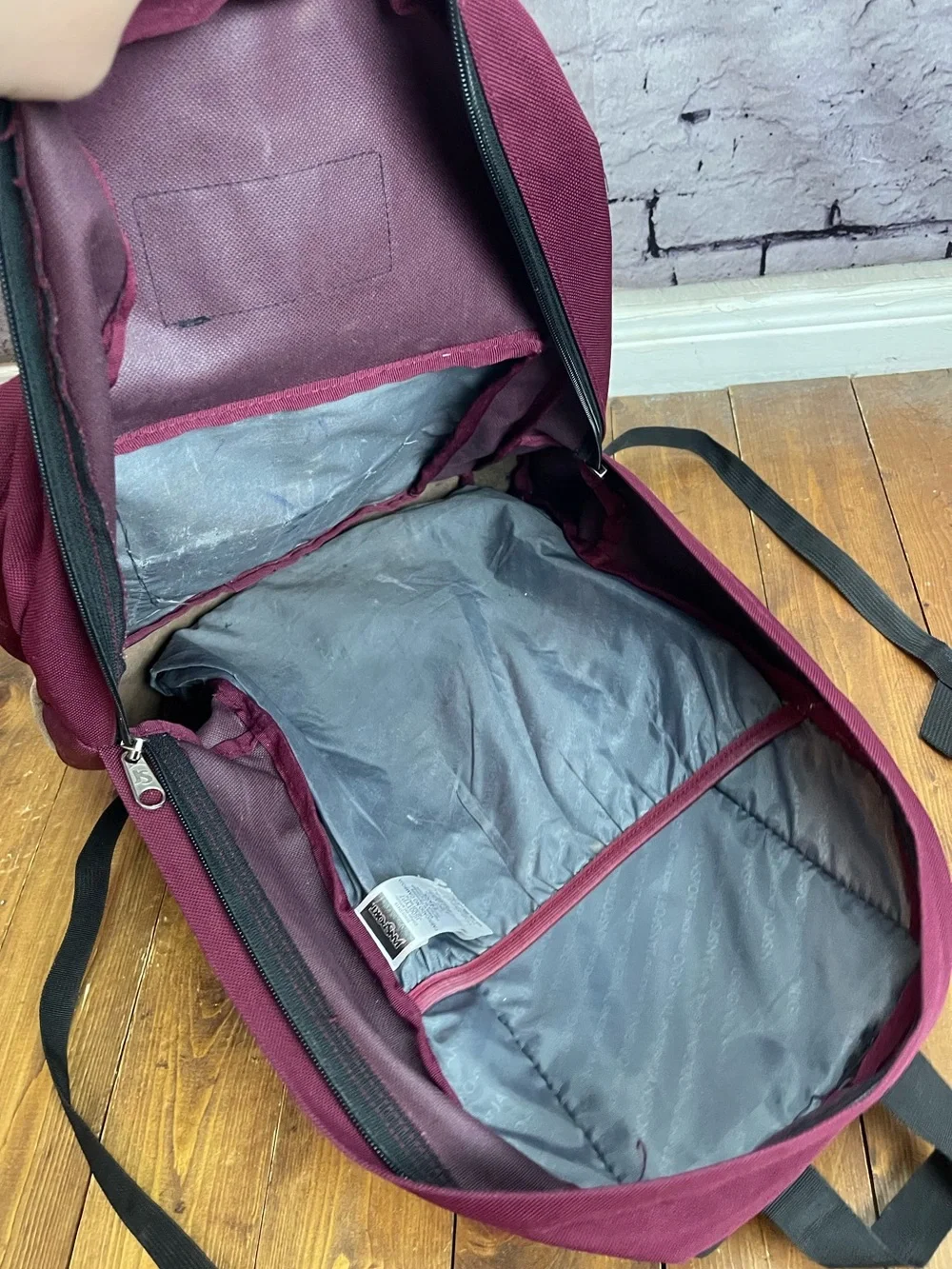 Jansport right pack back pack dark red with tan suede bottom